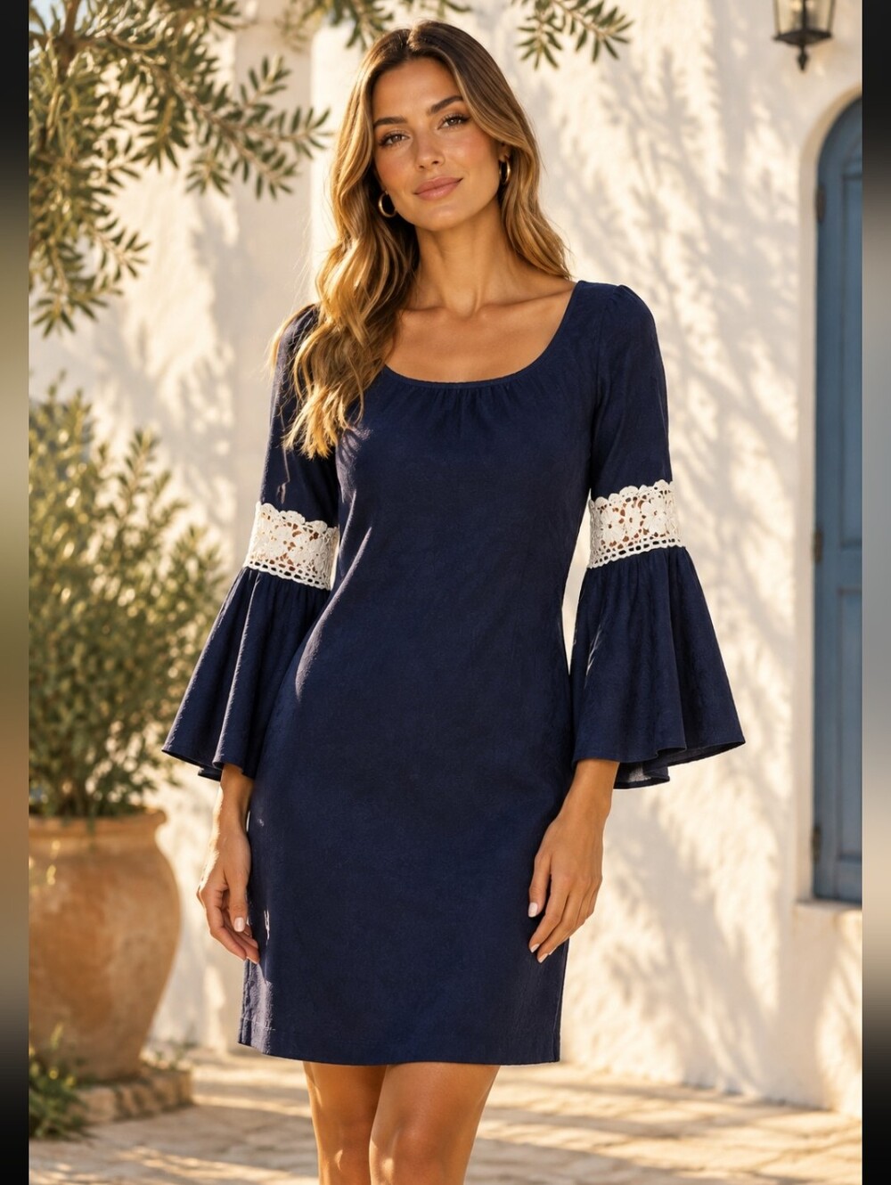 Dice Navy Crochet-Trim Bell Sleeve Mini Dress